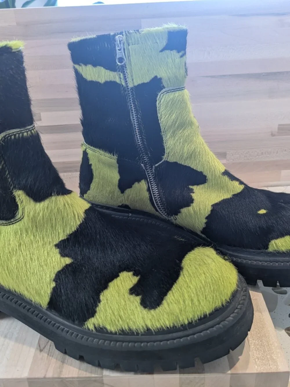 CamperLab Eki Calf Hair Cow Print Chunky Boots Green Black Men's 10.5 - W 12.5